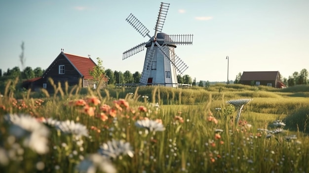 windmill in the field HD 8K wallpaper Stock Photographic Image