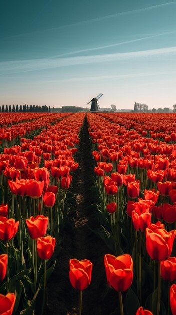 A windmill in a field of red tulips