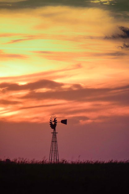 Windmill in the field at sunset Pampas Argentina