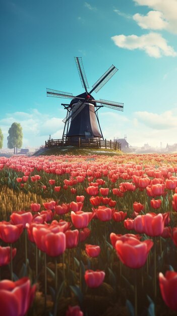 A windmill in a field of tulips with a blue sky in the background.