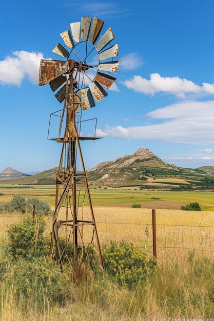 Foto un mulino a vento in un campo con una montagna sullo sfondo