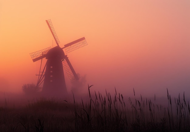 Windmill in foggy springtime morning A yellow windmill rises from a misty field