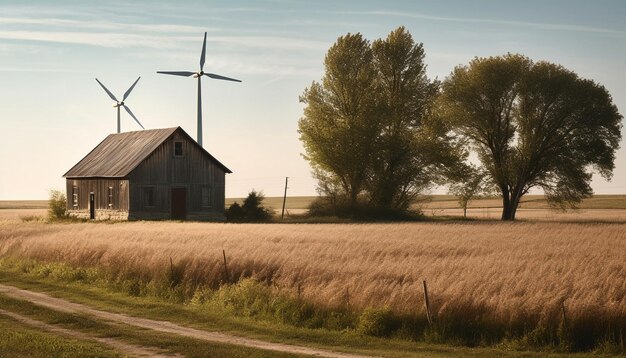 Photo windmill generates alternative energy in tranquil rural landscape at sunset generated by artificial intelligence