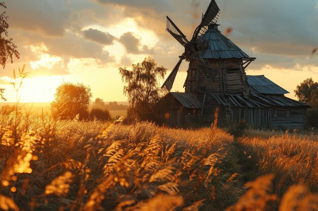 Фото Ветряная мельница в травяном поле профессиональная фотография