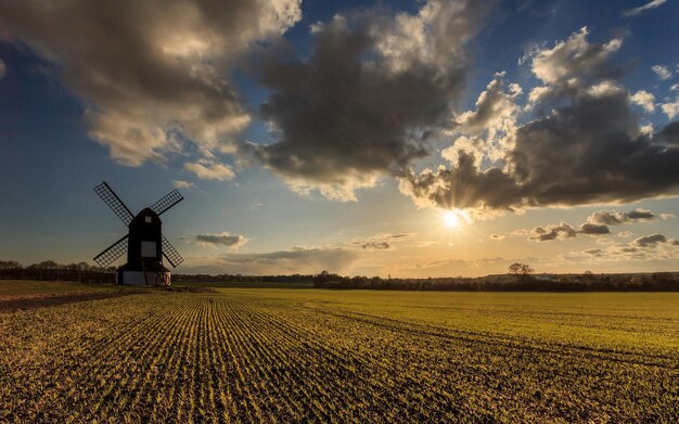 Photo a windmill is in the middle of a field with the sun setting behind it