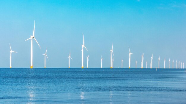 windmill park in the ocean aerial view with wind turbine Flevoland Netherlands Ijsselmeer