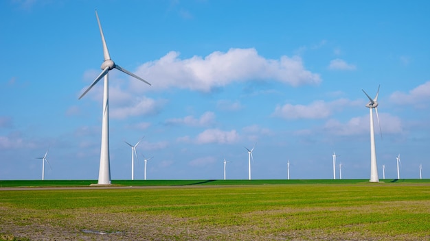 Парк ветряных мельниц в океане с ветровой турбиной Flevoland Нидерланды Ijsselmeer