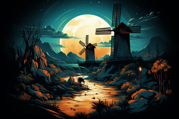 Windmill and River Night Scene