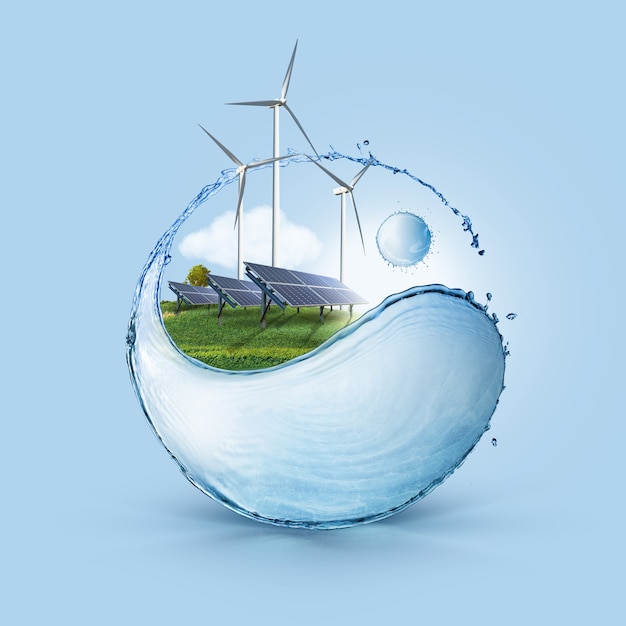 Windmill and solar panels on the field in yin yang shape water splash against blue sky background. Ecology concept of clean world used only sustainable green energy.