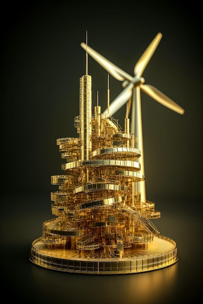 Windmill on stacks of golden coins return on investment on renewable clean energy