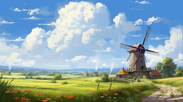 Photo windmill on summer meadows