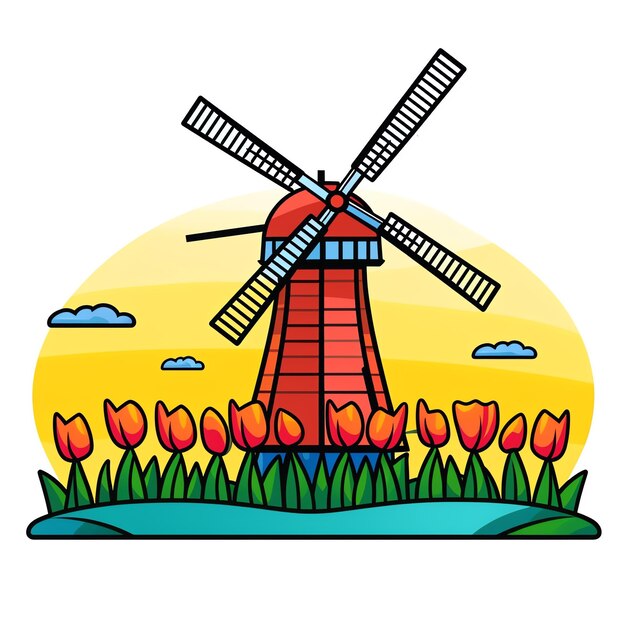 Photo a windmill and tulips in a field