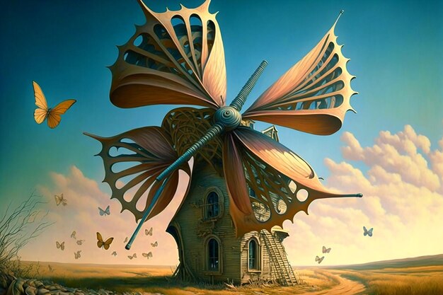 A windmill with a butterfly wings is on a blue sky.