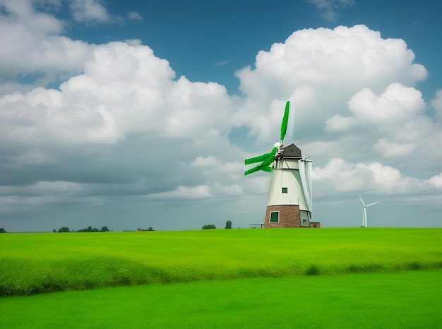 Foto un mulino a vento con una cima verde e un cielo con le nuvole sullo sfondo