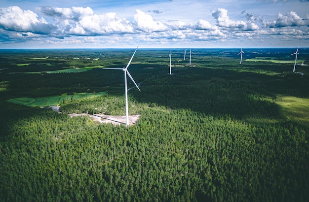 Windmills Aerial view of windmills in green summer forest in Finland Wind turbines for electric power with clean and Renewable Energy