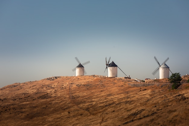 "El Quijote"소설의 유명한 거인 인 Consuegra의 풍차와 성.