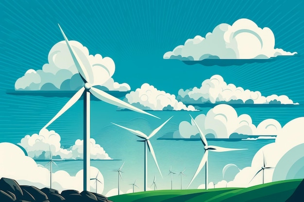 Windmills and Clouds in the Blue Sky symbolizing clean energy