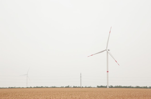 Windmills for electric power production on a cloudy day. Top view