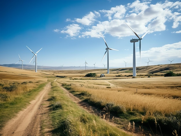 Windmills in the field against the blue sky Generative AI