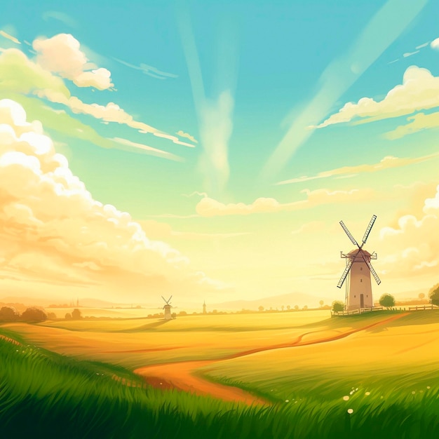 Windmills in a field in anime style