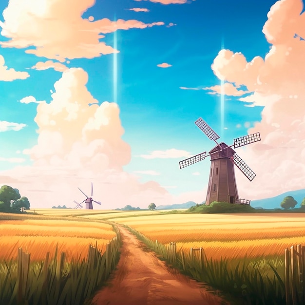 Windmills in a field in anime style