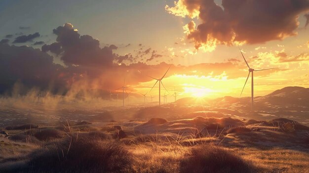 Photo windmills in field at sunset sustainable energy transition