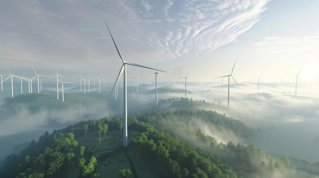 Windmills in Foggy Field