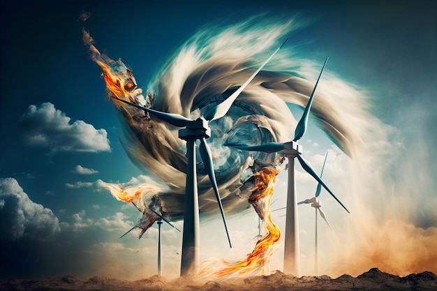 Windmills of the future.Technology of the future applied to new energy sources. Ai generated.