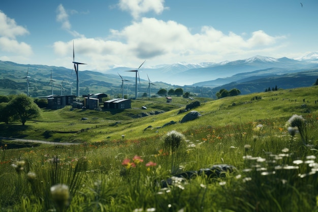 Windmills on Grassy Field