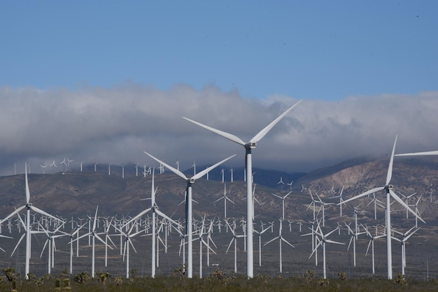 Windmills on landscape against cloudy sky