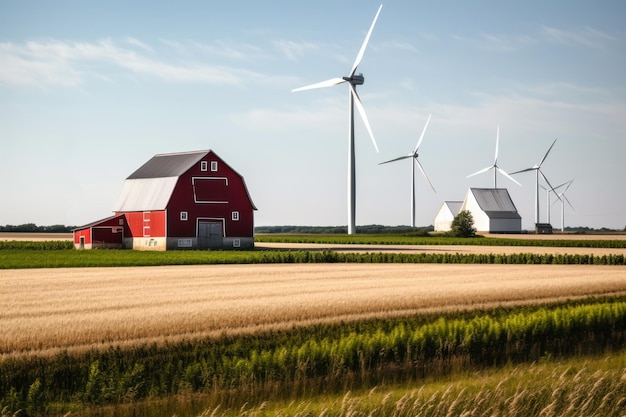 Photo windmills near the house in the field generative ai