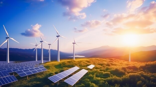 Windmills and solar panels on blue sky background