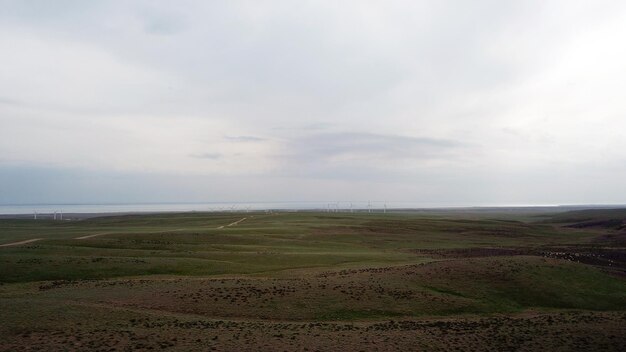 Windmills stand in the middle of green fields