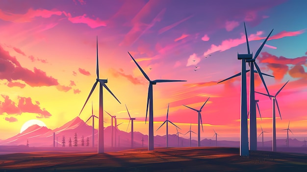 Windmills and sunset Generative ai