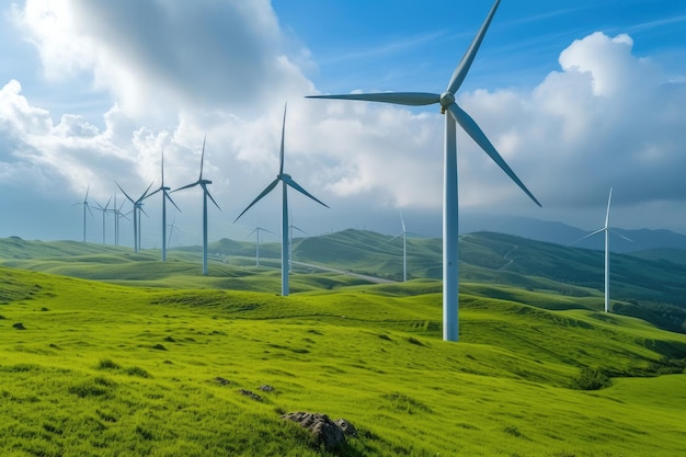 풍력 터빈은 자연 현장에서 재생 가능한 에너지 개념 인공지능을 생성합니다.