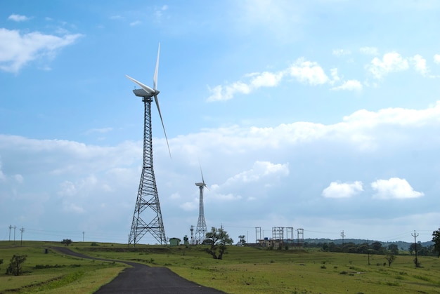 Windmills with beautiful landscape, cloudscape.