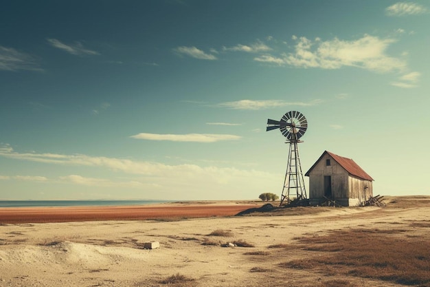 Windmolen en schuur op een boerderij op het platteland