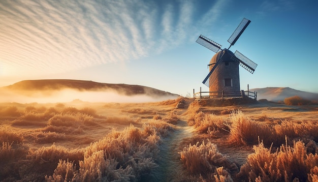 Foto windmolen in een levendig landschap