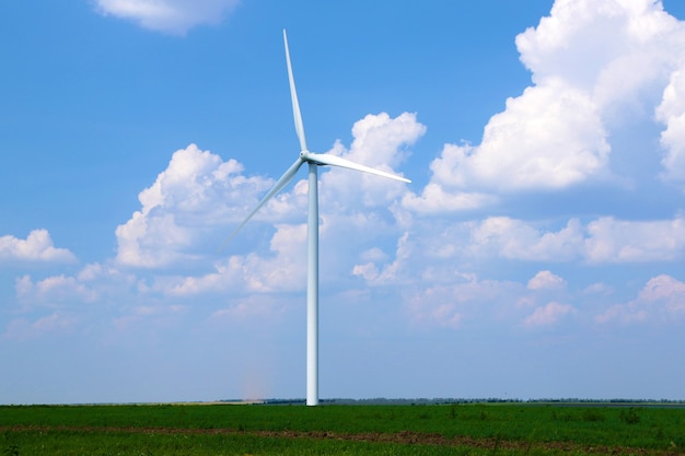 Windmolen in veld op blauwe hemel