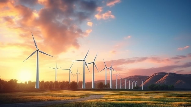 Windmolen windenergie elektriciteitslandbouwveld bij zonsopgang Generatieve AI
