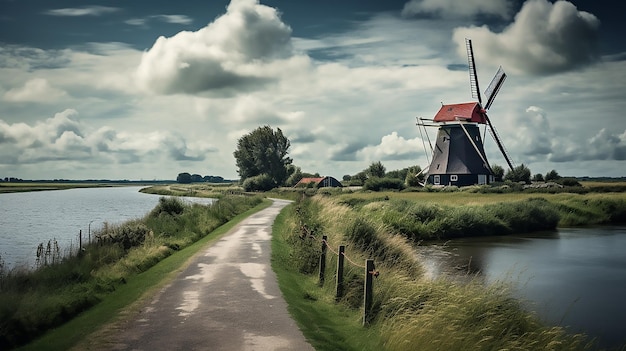 Foto windmolens, dijken en snelwegen in nederland