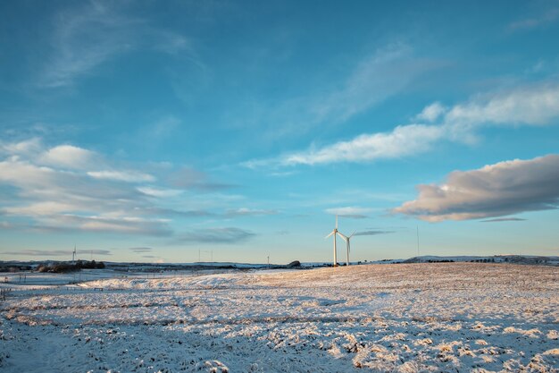 Windmolens in een veld en lucht in de winter. West Lothian, Schotland, VK