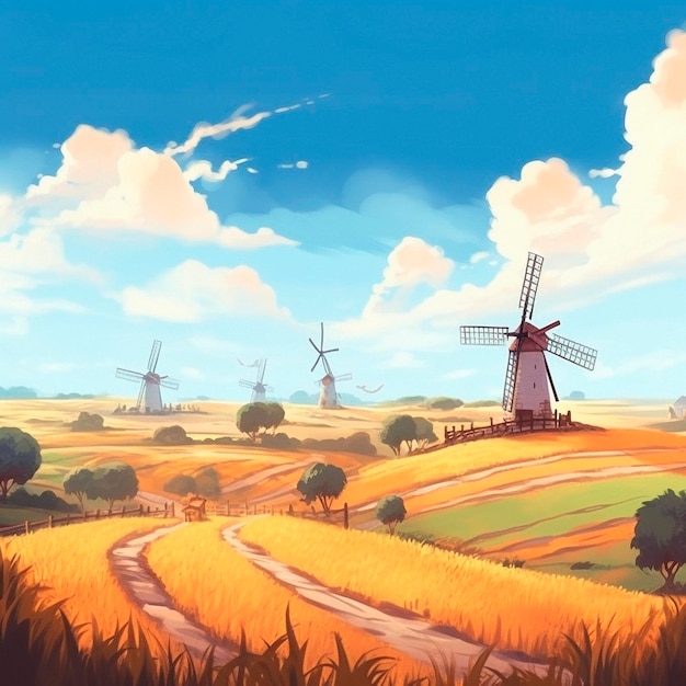 Windmolens in een veld in anime-stijl