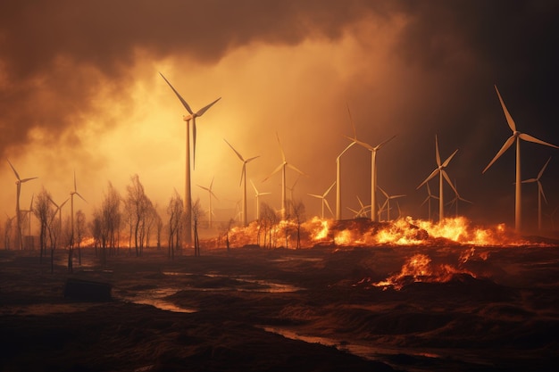 Windmolens in het veld Een schilderachtig landschap met meerdere windmolens op de achtergrond Uitzicht op een windmolenpark met brandende turbines een concept van energiecrisis en vervuiling