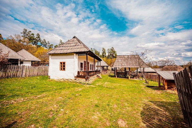 Windmolens van het oude huis van Astra Museum Sibiu Traditionele rustieke huizen in het Astra-complex Ontdek Roemenië Oude traditionele boerderij, rustiek huis en bijgebouwen