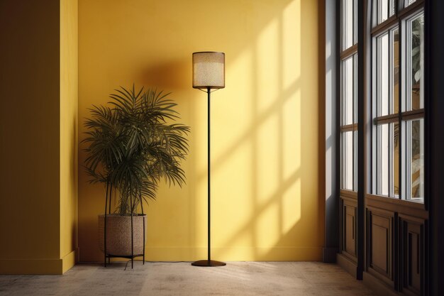 Photo window alone against a yellow wall plants around and a floor lamp
