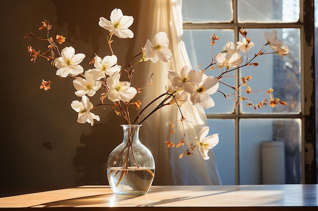 Window Blooms Flower Vase on Wooden Windowsill