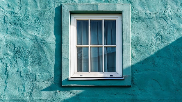 A window on a blue wall