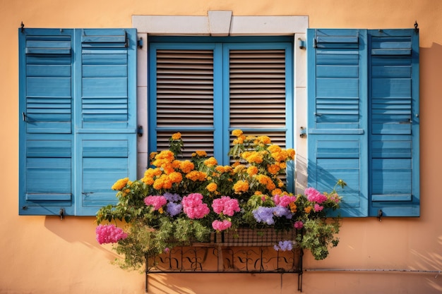 a window box with flowers on a building