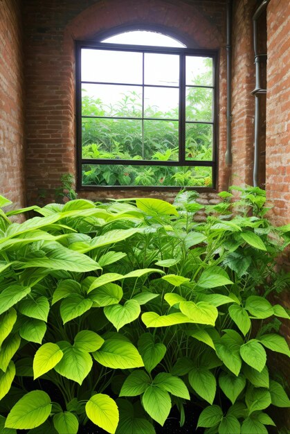 A window in a brick building with a plant growing inside